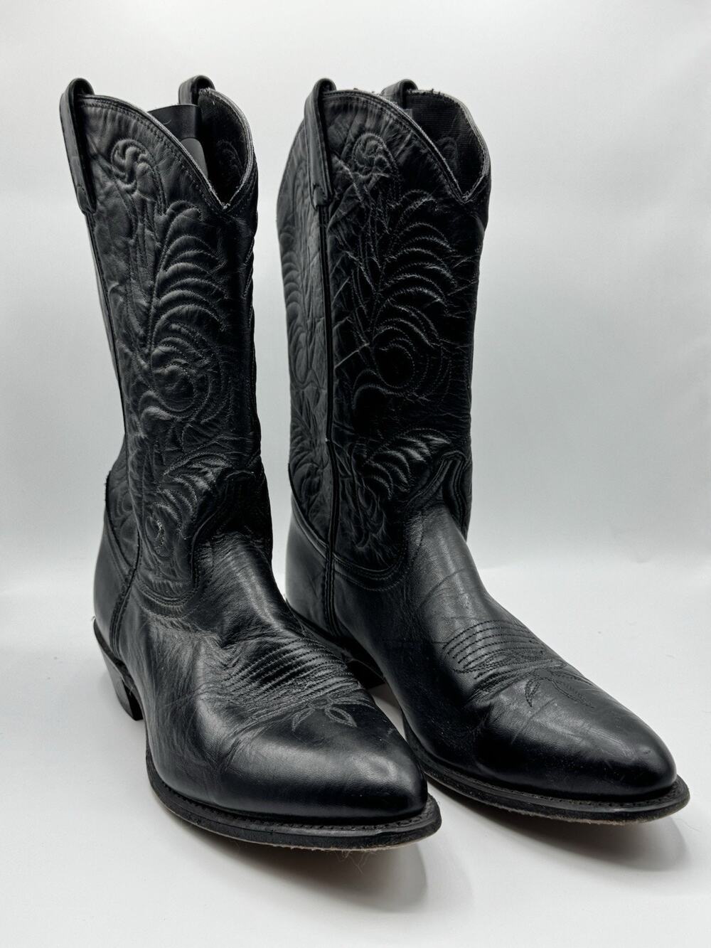 Black Leather Pull On Pointed Toe Block Heel Western Boots Size 10M